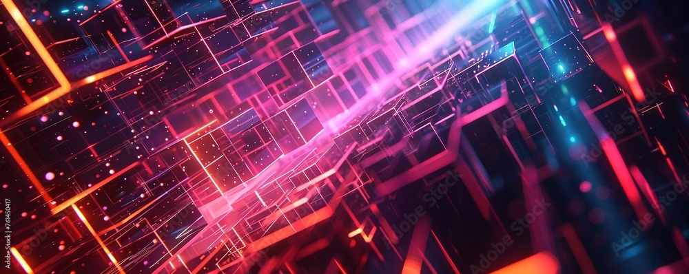 Poster geometric shapes and structures in colorful neon colors and lights in cyberspace against dark backgr
