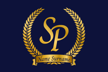 Initial letter S and P, SP monogram logo design with laurel wreath. Luxury golden calligraphy font.