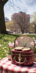 Still life picnic image with tulips, sandwiches and a red vintage suitcase in the park