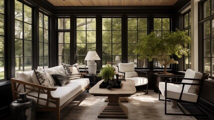 Obraz premium Sunroom with whitewashed cedar walls and ebony stained window trim.