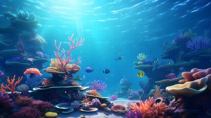 Fototapeta na wymiar A vibrant coral reef in an alien ocean, teeming with phosphorescent marine life.