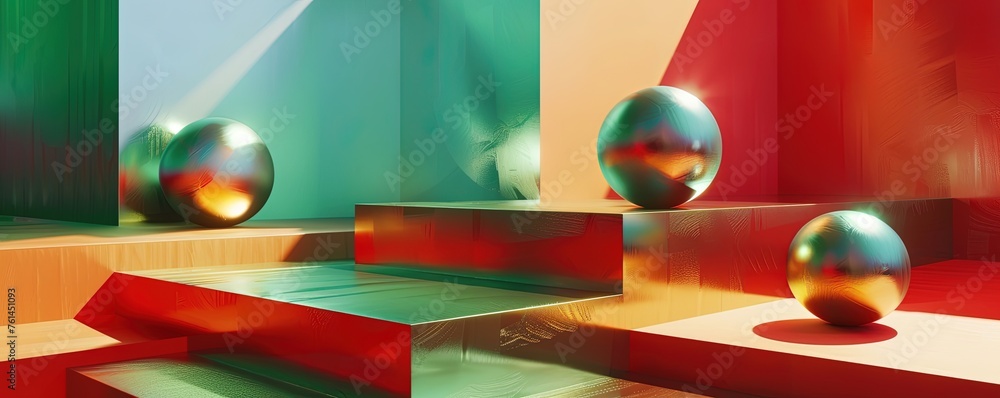 Poster colorful geometric shapes of smooth and shiny spheres on steps of square platforms against red and g