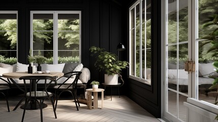 Sunroom with whitewashed plank floors and matte black polished walls.