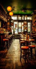 An interior of a traditional Irish pub with a warm atmosphere, wooden tables and chairs, and a friendly bartender.