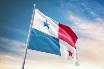 Waving flag of Panama in blue sky. Panama flag for independence day. The symbol of the state on...