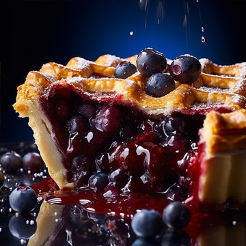 Close-up of a delicious homemade blueberry pie with a lattice crust, and a rich, gooey filling.