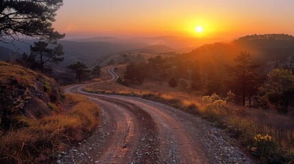 Road in the steppe at sunset. Landscape with a road at sunset.
