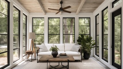 Sunroom with whitewashed wood ceilings and matte black metal beams.