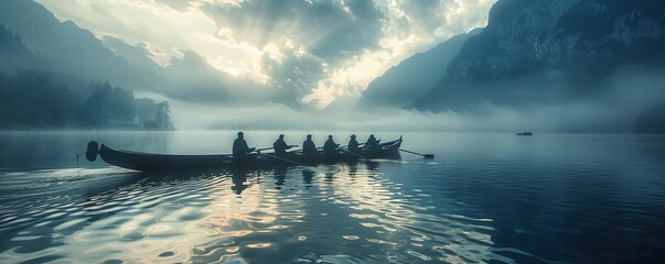 Team rowing boat in bay - obrazy, fototapety, plakaty