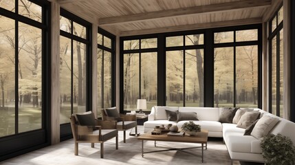 Sunroom with whitewashed wood ceilings and matte black framed windows.