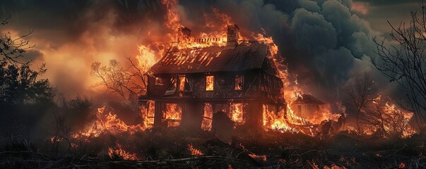 The burning remains of a house. - obrazy, fototapety, plakaty