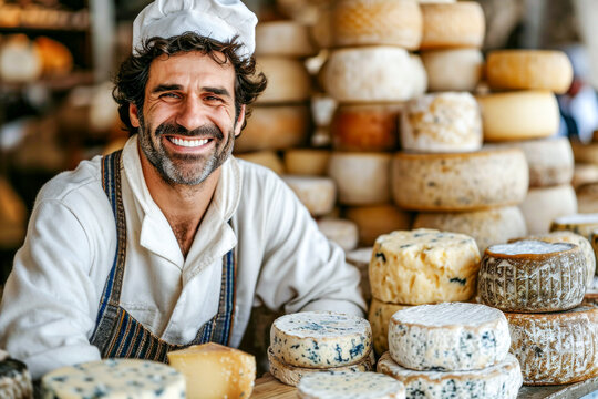 A skilled cheesemaker, donning a classic white chef's hat, takes pride in his selection of artisanal cheeses in a well-stocked cheese cellar