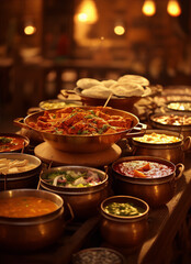 Still life of various Indian food in copper pots on a wooden table with a blurred background of a restaurant.