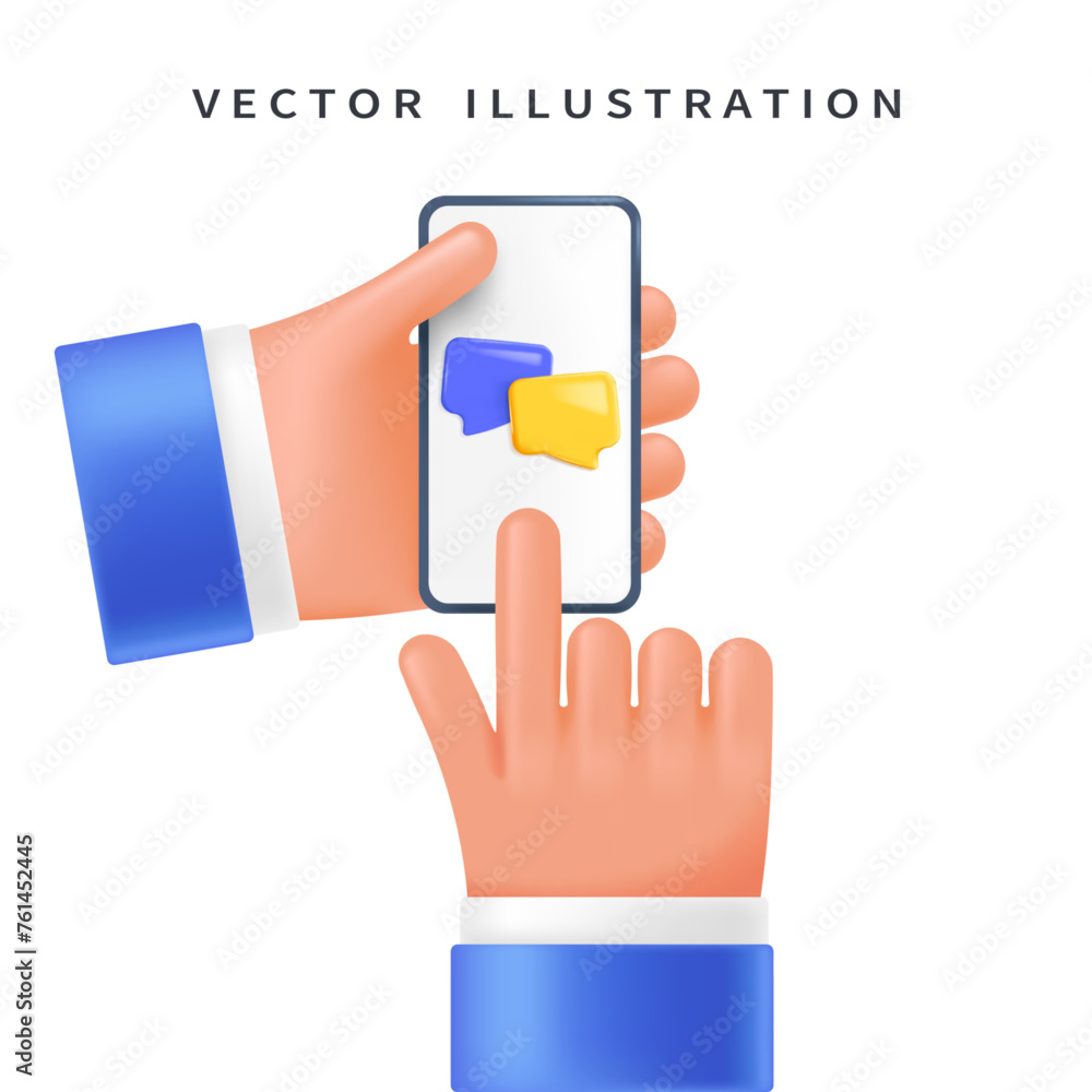 Poster chat communication, correspondence in social networks on the phone in the user's hand, 3d style for 