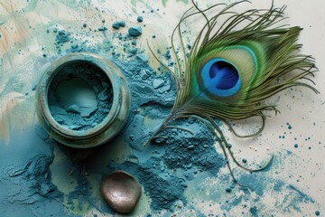 Top View Image of Peacock Feather Matching Color Powder in Clay Pots on Occasion of Happy Holi. 