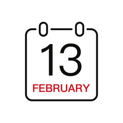February 13 date on the calendar, vector line stroke icon for user interface. Calendar with date, vector illustration.