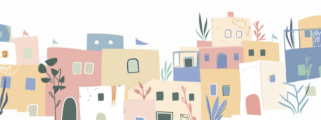 Minimalistic illustration of a street in with colorful houses and plants on a white background
