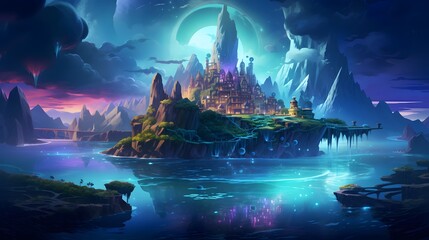 Enchanted floating islands bathed in a neon aurora with creatures riding luminescent waves, casting vibrant reflections on the dreamy water.