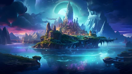 Poster Enchanted floating islands bathed in a neon aurora with creatures riding luminescent waves, casting vibrant reflections on the dreamy water. © pipo