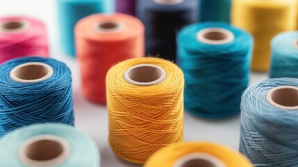 close up Various spools of thread in creative arts colors are scattered on the white table. blue, natural material, and patterns in collection, creative hand made hobby