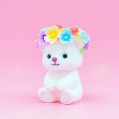 cute white bear with a wreath on his head on a pink background
