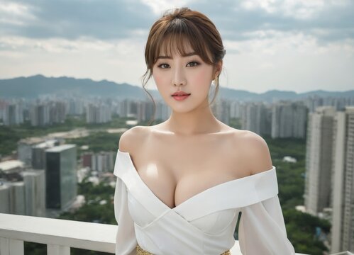 a korean woman in a white dress posing for a picture in front of a cityscape background 