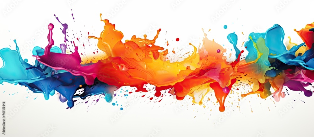 Poster a rectangular image featuring a row of liquid art paint splashes in various vibrant colors on a whit