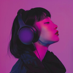 Stylish sensual girl in headphones listens to music in neon light