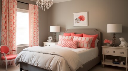 Taupe and Coral Add warmth and depth to your bedroom with taupe walls and coral-colored furnishings.