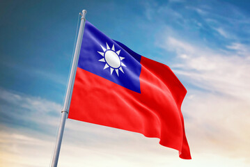 Waving flag of Taiwan in blue sky. Taiwan flag for independence day. The symbol of the state on wavy fabric.