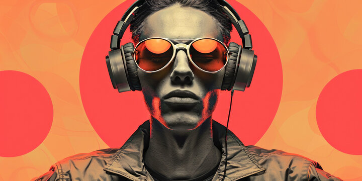 Stylish man in headphones listens to music. Creative poster collage design