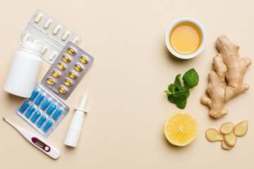 Natural cold and flu home remedies. Natural ingredients for immunity stimulation and viruses protection. top view flat lay