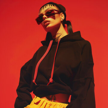 Portrait of a stylish girl. 2000s, y2k fashion, hip-hop urban style.