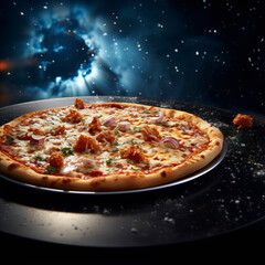 A pizza, space-themed, with cosmic backdrop.
