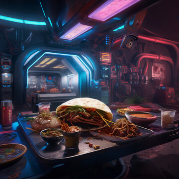 Naklejki Futuristic food art still life in the style of cyberpunk with bright neon colors