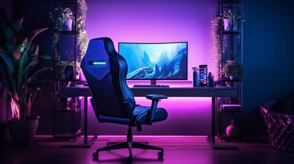An esports video game room with an armchair, computer, monitor, keyboard in neon lavender color. Professional Gamer, Streamer, Esports, Cyber Sports concepts.