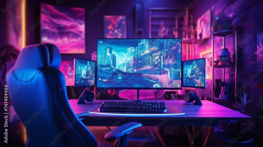 Poster an esports video game studio with a comfortable armchair, a computer, and a neon-colored keyboard. a