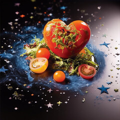 Heart-shaped tomato on a bed of lettuce with cherry tomatoes and stars on a dark blue background.