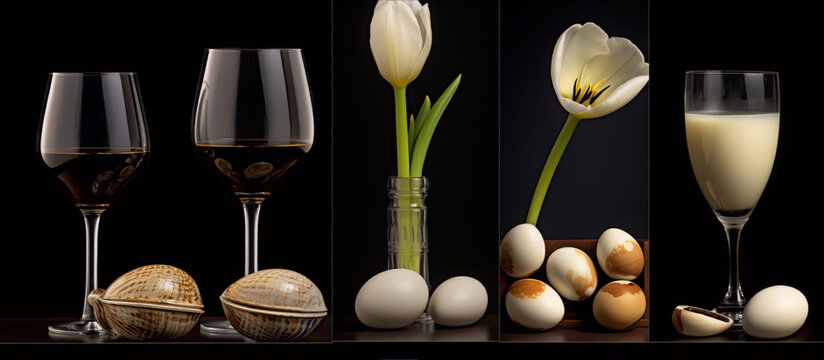 Still life photography of a glass of red wine, a glass of milk, a white tulip, and eggs on a dark background.
