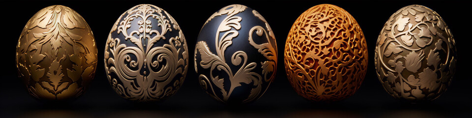 Golden and black ornate filigree Easter eggs on a black background.