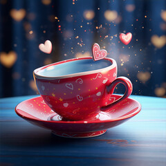 Red teacup filled with love, hearts floating around.
