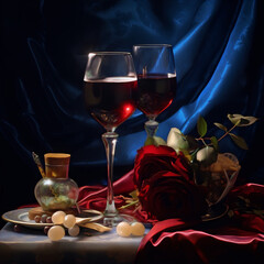 Two wine glasses filled with red wine, roses, and elegant details.
