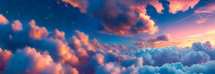 Panoramic view of sky from above the clouds during sunset or sunrise with stars in one side and sunlight on the other side. Serene skyscape.