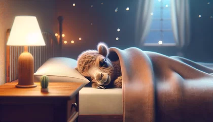 Fotobehang Baby Bear Sleeping.  Cute Character in Bed under Blanket. Cozy Evening Bedroom Room Interior Design. Soft Lightning. Realistic Adorable Animal Illustration. Sweet Dreams Sand Good Night. © Artificial Ambience