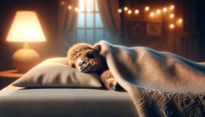 Foto auf Leinwand Baby Camel Sleeping.  Cute Character in Bed under Blanket. Cozy Evening Bedroom Room Interior Design. Soft Lightning. Realistic Adorable Animal Illustration. Sweet Dreams Sand Good Night. © Artificial Ambience