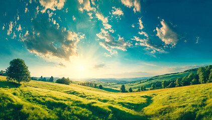 Serene green summer or spring field during sunrise. Panoramic view.