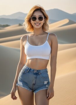 a woman in a white top and denim shorts walking in the desert with her sunglasses 