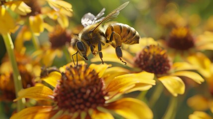 Close-up of a bee suspended in mid-air, showcasing the remarkable detail of its wings and body against a vibrant backdrop of orange wildflowers and a clear blue sky.