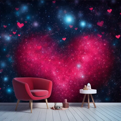 A starry night sky with a glowing pink heart, stars and a red armchair.