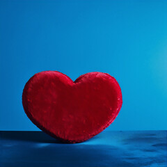 Red heart-shaped plush pillow against a blue backdrop.
